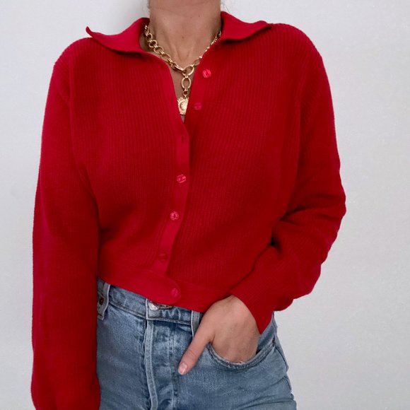 Vintage Sweaters - 90s Chunky Red Collared Cardigan Sweater